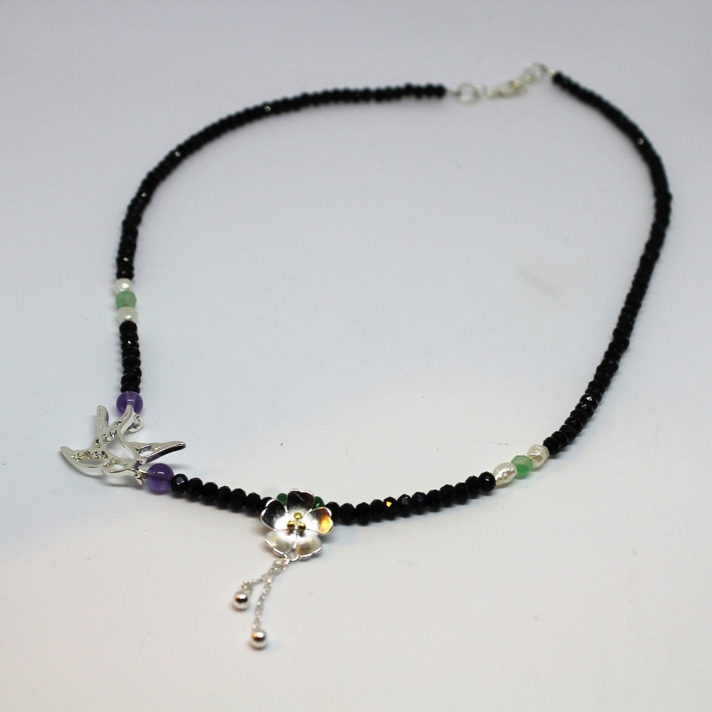 Black spinel beaded necklace with Sterling silver